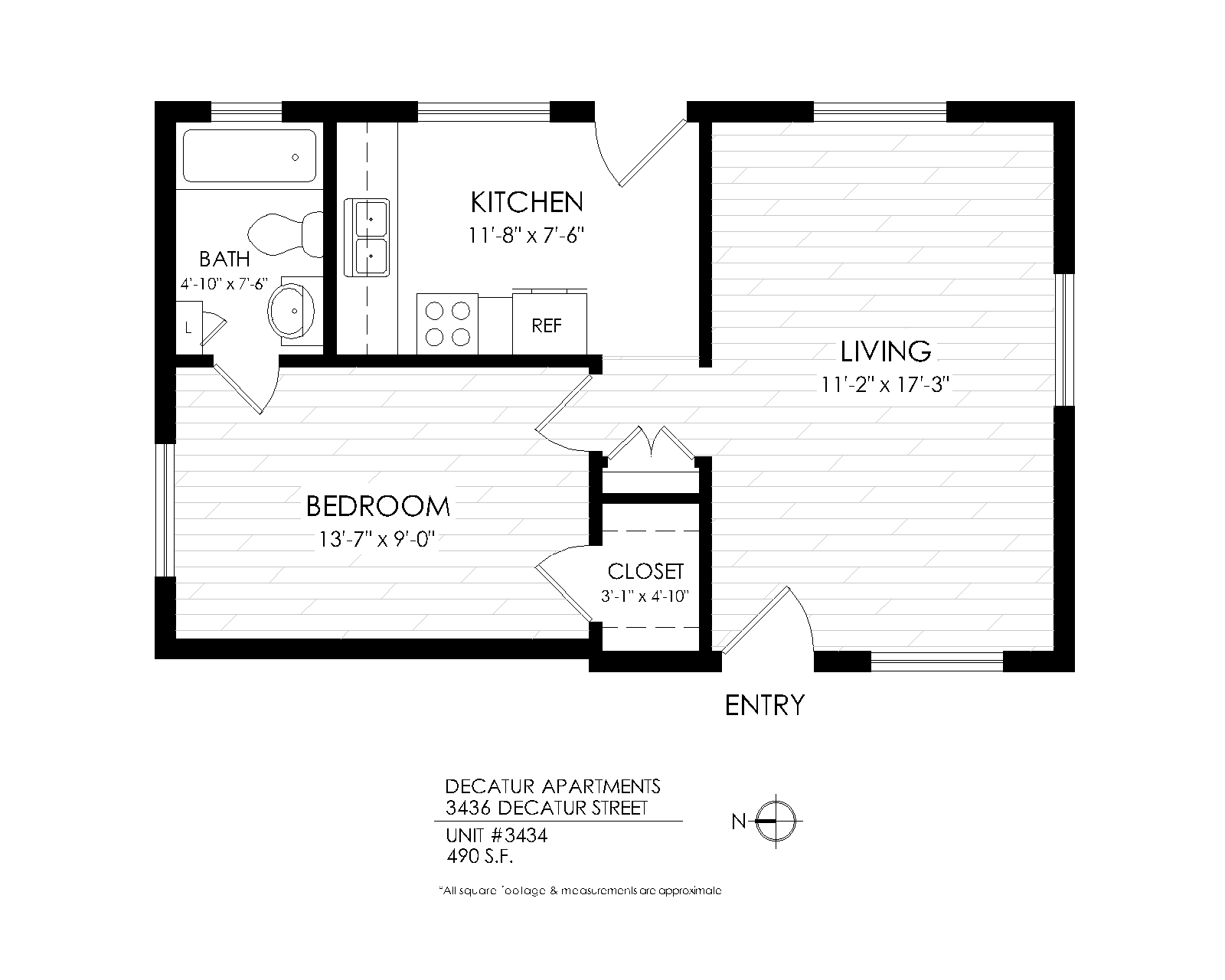 Floor plan for 1 bed, 1 bath, 545 sqft
